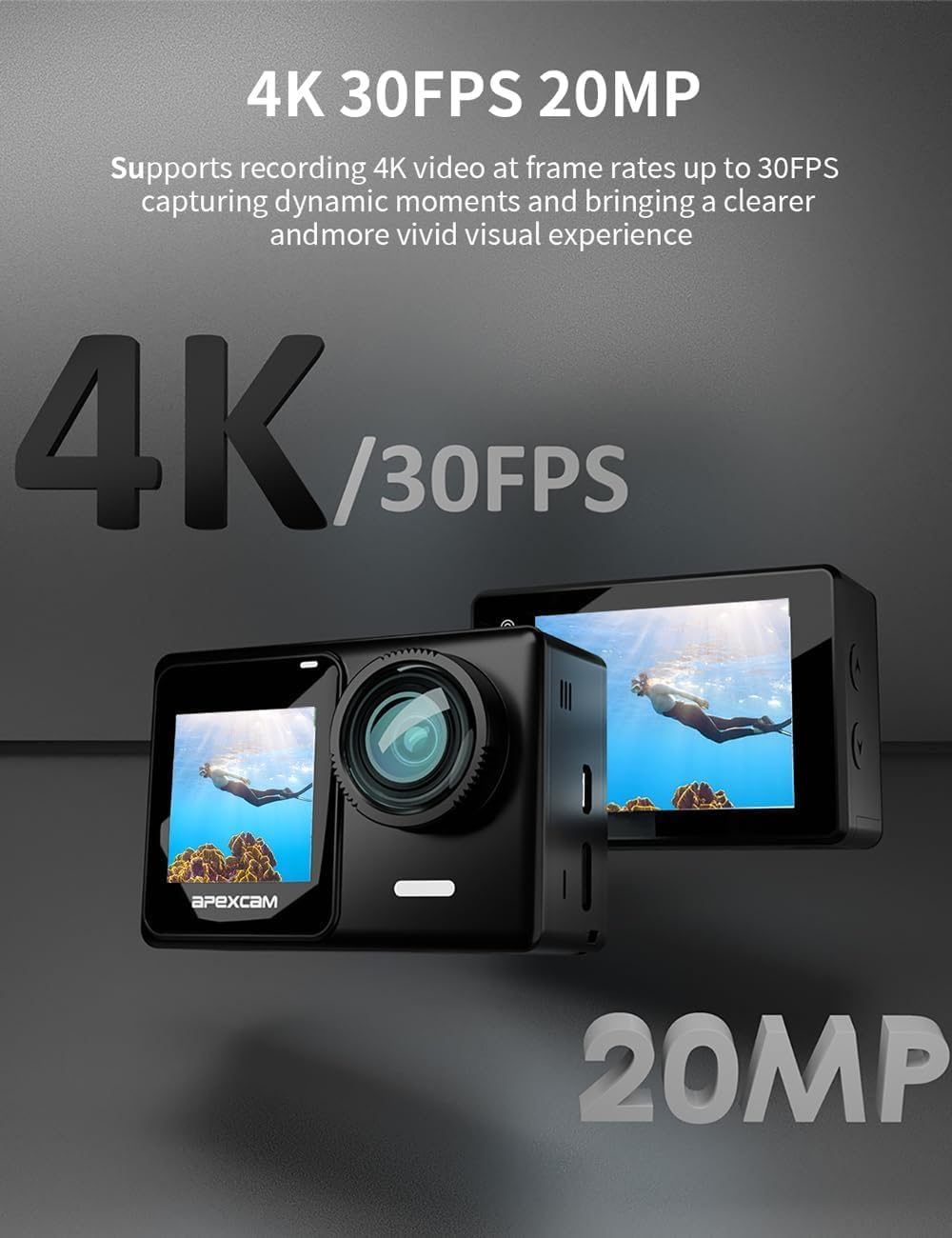 Apexcam 4K 30FPS 20MP Action Cam Dualscreen Touchscreen 40M wasserdichte Unterwasserkamera EIS Stabi