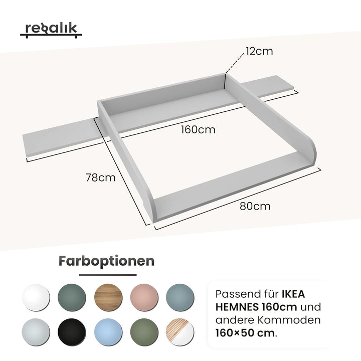 Wickelaufsatz mit Platte für Hemnes von IKEA, Wickeltischaufsatz für 50x160 cm Kommoden, Abnehmbar W