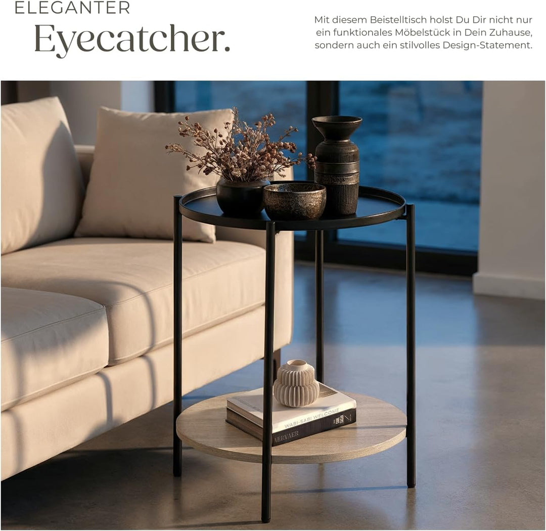 tectake® Beistelltisch rund, Nachttisch Metall und Holz, Couchtisch rund mit Stauraum auf 2 Ebenen,