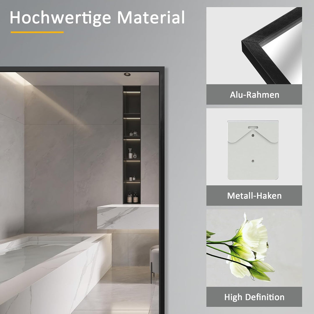 Goezes Schwarz Wandspiegel 60x100 cm Spiegel mit Metallrahmen, Rechteckig Dekorative HD Spiegel Bads
