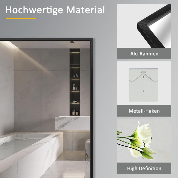 Goezes Schwarz Wandspiegel 60x100 cm Spiegel mit Metallrahmen, Rechteckig Dekorative HD Spiegel Bads