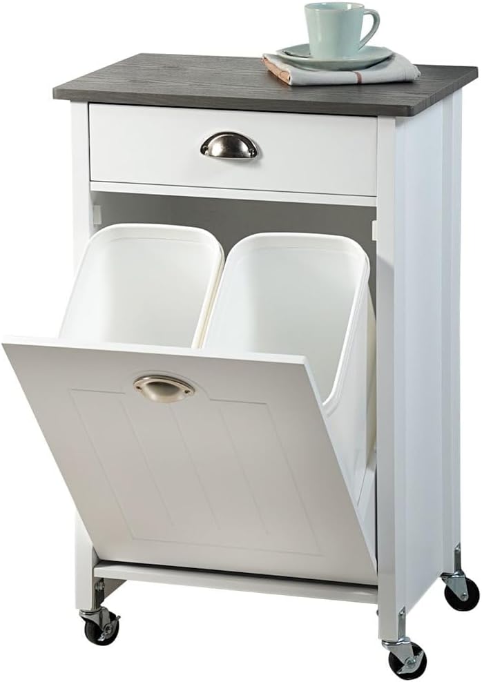 Kesper Küchenwagen für die Küche mit Mülltrennsystem aus Holz in der Farbe Weiss-Grau, Masse: 50cm x