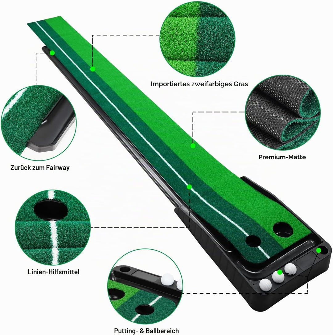 Signstek Golf Putting Matte mit automatischer Ballrückgabe Schwarz - 3 Bälle, Sofort Einsatzbereit,