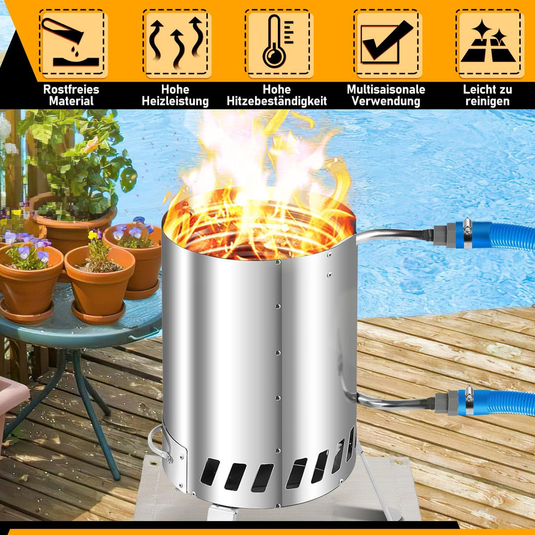 Sonnewelt 10L Poolheizung mit Feuer und Heizspirale, Edelstahl Schwimmbadheizung Ø 32/38 mm Anschlus