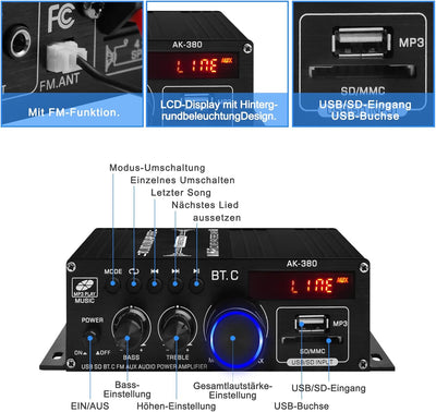 AK-380 Bluetooth 5.0 HiFi Verstärker 2.0-Kanal 40W x 2 Max. 400W Mini Verstärker Stereo Audio Leistu