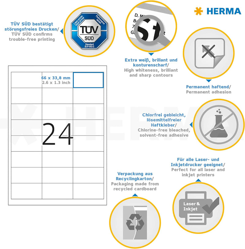 HERMA 4670 Adressetiketten, 100 Blatt, 66 x 33,8 mm, 24 Stück pro A4 Bogen, 2400 Aufkleber, selbstkl