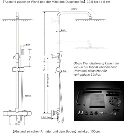 JOHO Thermostat Duschset aus Edelstahl Duschsystem mit Thermostatarmatur XL Kopfbrause Matt Schwarz