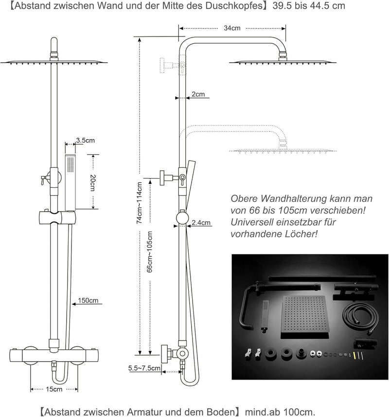 JOHO Thermostat Duschset aus Edelstahl Duschsystem mit Thermostatarmatur XL Kopfbrause Matt Schwarz