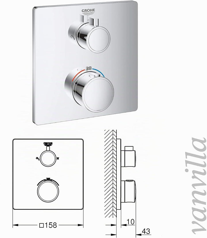 vanvilla Duschsystem mit Unterputz Duscharmatur von Grohe Grohtherm 2-Wege Thermostat und vanvilla R