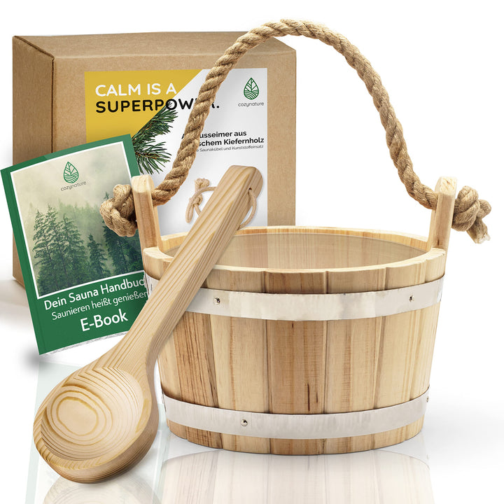 CozyNature® Sauna Eimer mit Kelle aus hochwertigem finnischen Kiefern-Holz | edle Metallringe - kräf