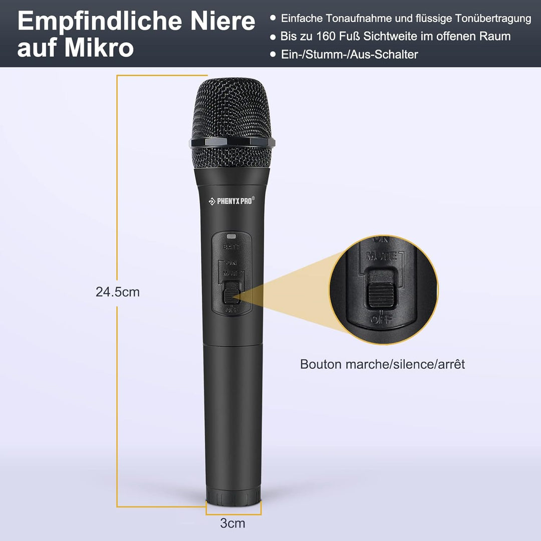 Phenyx Pro Sistema microfonico Wireless, microfoni Wireless VHF a 4 canali, Con 4 microfoni dinamici