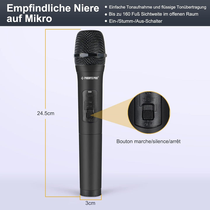 Phenyx Pro Sistema microfonico Wireless, microfoni Wireless VHF a 4 canali, Con 4 microfoni dinamici