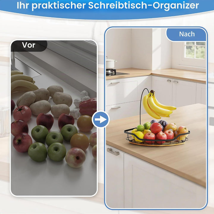Obstkorb Schwarz Rechteckig 1-stöckiger Obstschale mit Bananen-Aufhänger, Metall Obstschale mit Bamb