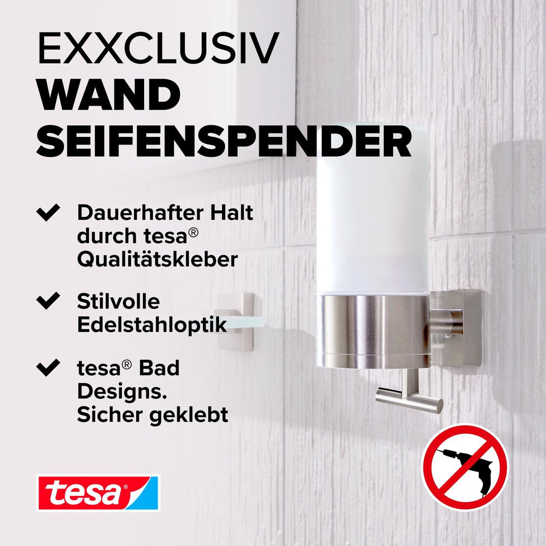 tesa EXXCLUSIV Seifenspender-Set, Milchglas und verchromtes Metall - Flüssigseifenspender zur Wandbe