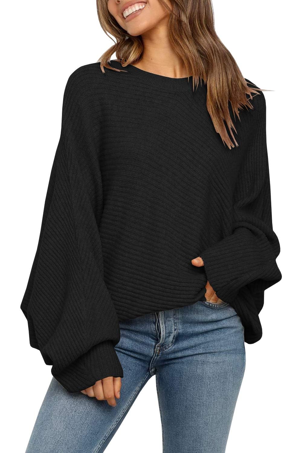 Fessceruna Damen Pullover Oversize Fledermausärmel Strickpullover Winter Rundhals Pulli Geripptes Sw