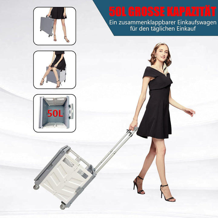 Einkaufstrolley Klappbar Einkaufswagen Metallräder, Transportbox mit 4 Rollen & 1 Teleskopgriff, Tra