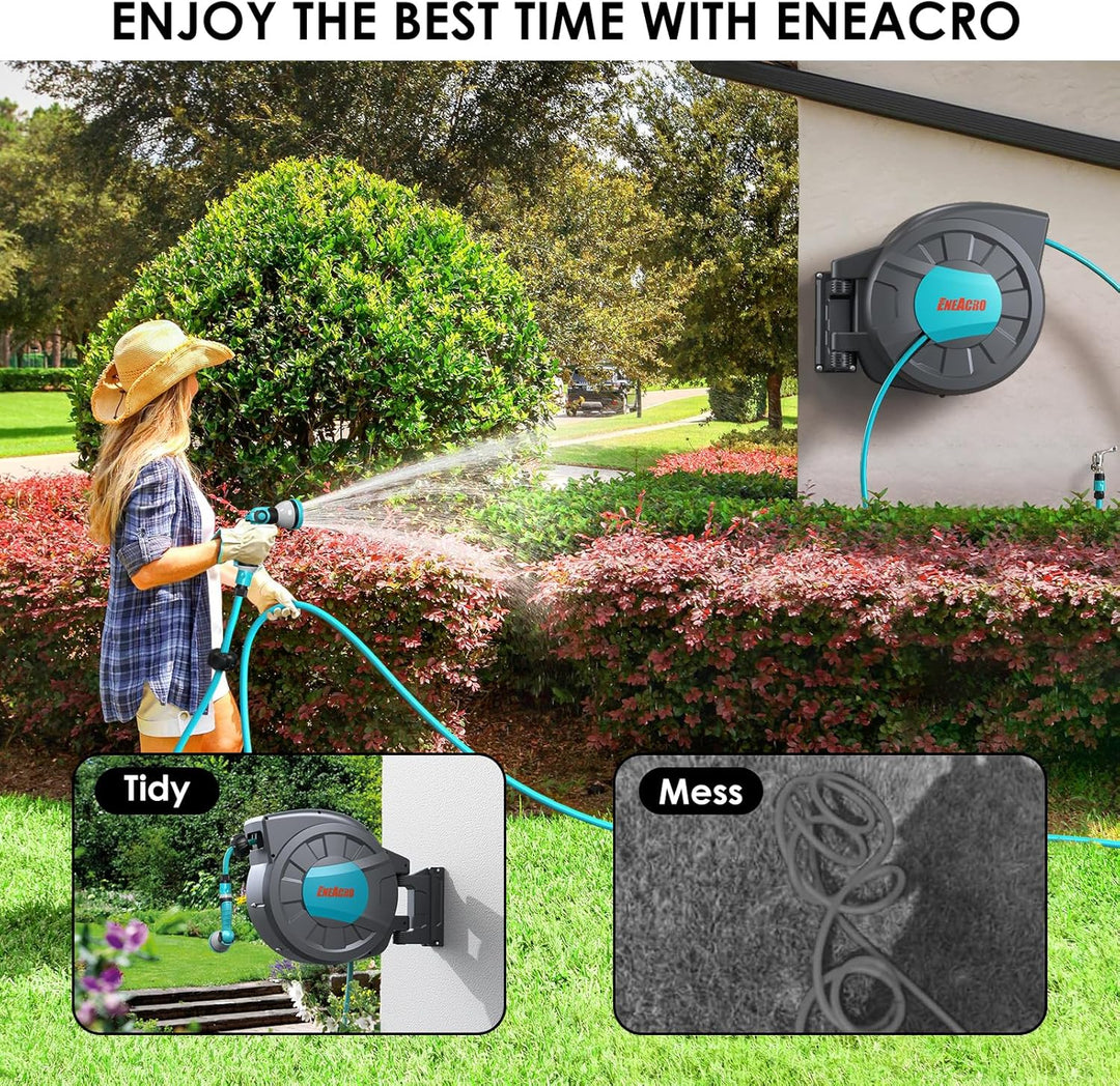 ENEACRO Garten Schlauchbox Wandmontage 35+2m mit Aufroll-Automatik, 180° Schwenkbar, 10 Funktions Sp