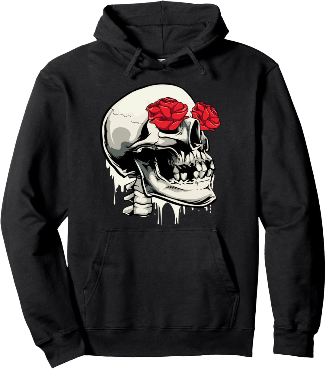 Skelett Kopf Rote Rose Blume Augen Okkult Totenkopf Schädel Pullover Hoodie