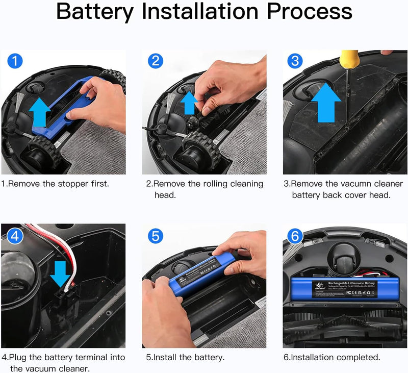 melasta 14.4V Li-Ion 5200 mAh Ersatz Akku Batterie für Proscenic M7 M8 Pro/Lydsto R1 / Uoni V980 Plu