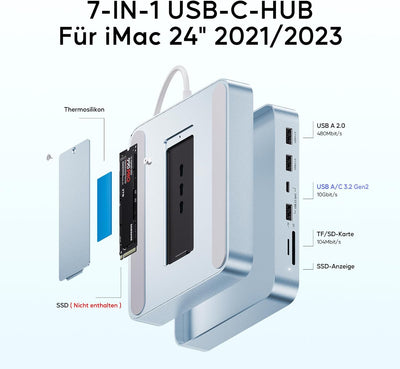 PULWTOP USB C HUB Für iMac 24-Zoll 2021/2023,7 In 1 USB-Hub Für iMac M1/M3,iMac Zubehör Mit USB C 10