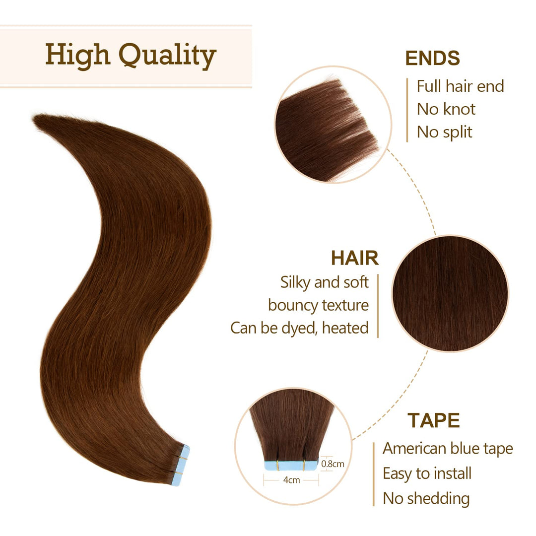 AGMITY Tape Extensions Echthaar, 40cm Schokoladenbraun Gerade Nahtlos 20 Stück/Packung Remy Invisibl