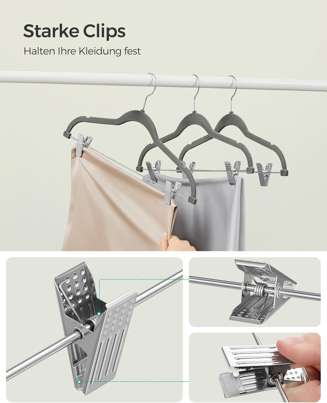 SONGMICS Kleiderbügel Samt, 10er Set, Rockbügel, 42,5 cm breit, mit verstellbaren Clips, rutschfest,