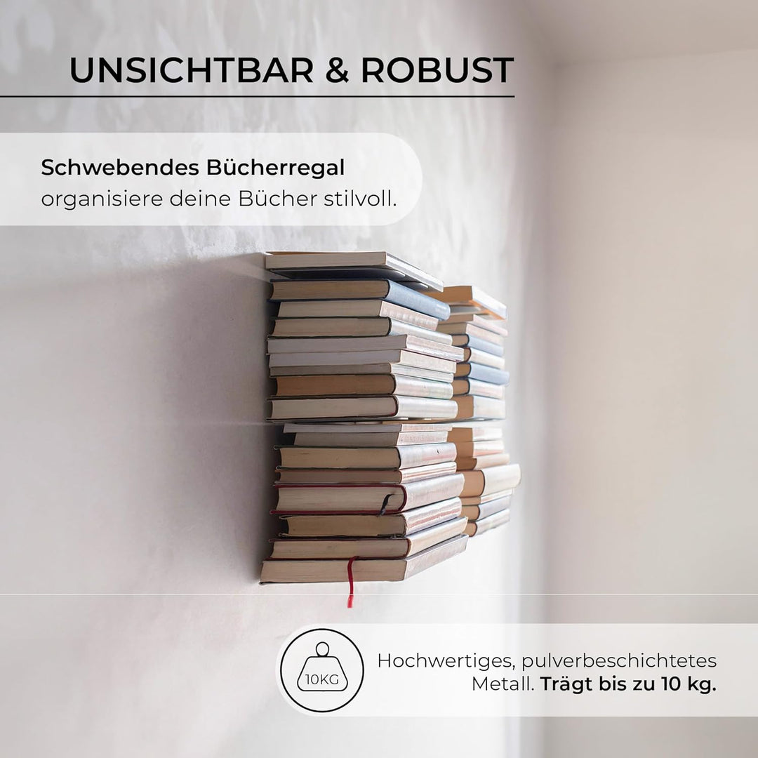 MILUKA Set 2 Unsichtbare Bücherregal Wand 35 cm | Wandregal Weiss Metall mit 3 Schwebenden Regalen f