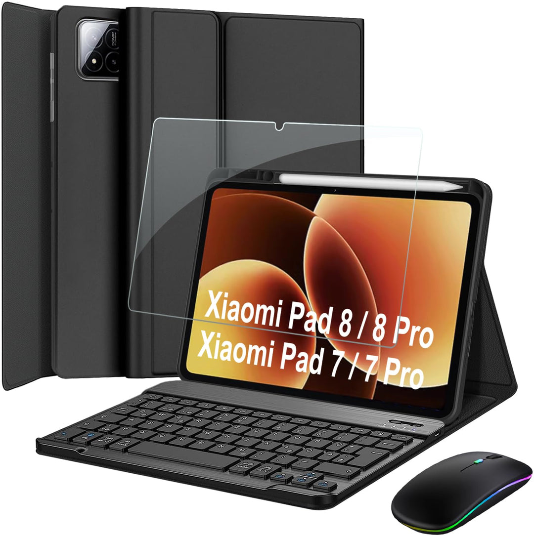 Tastatur Hülle mit Schutzfolie für Xiaomi Pad 7/ Pad 8/ Pad 7 Pro/Pad 8 Pro 11.2 Zoll, LED Bluetooth