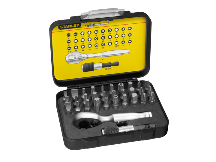 Stanley 1-13-904 Bit-Satz mit Mini-Umschaltknarre (1/4 Zoll, 32-teilig, inkl. magnetischem Bithalter