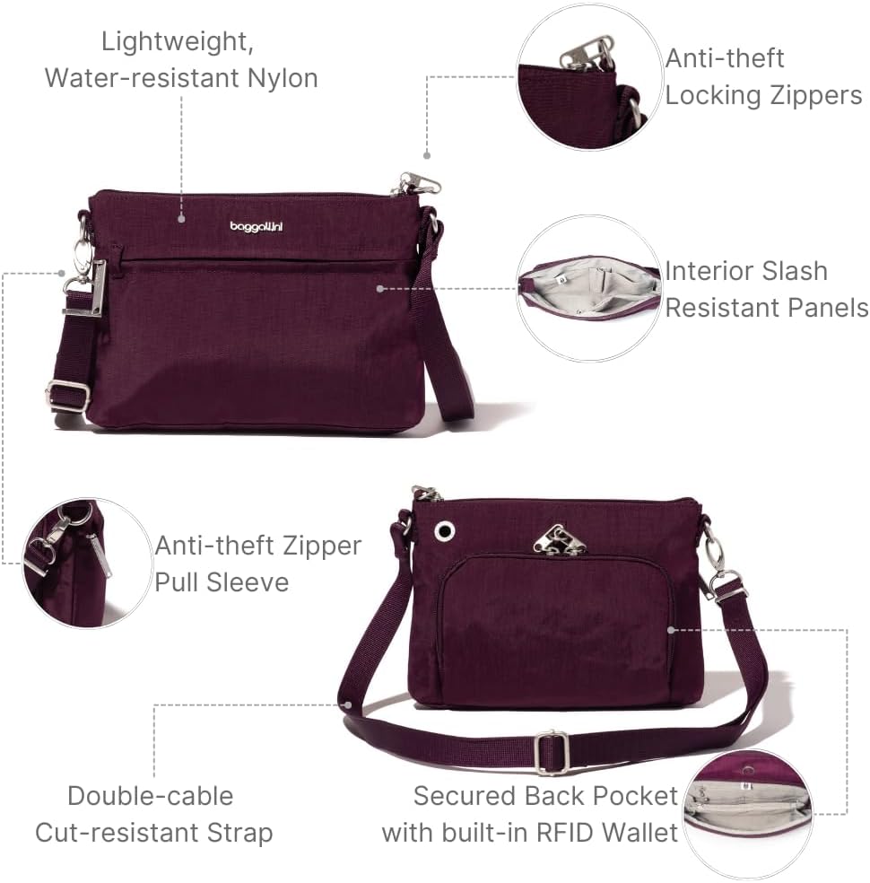 Baggallini Damen Diebstahlsicherung Securtex Anti-Diebstahl-Memento Crossbody-Tasche Mulberry, Mulbe