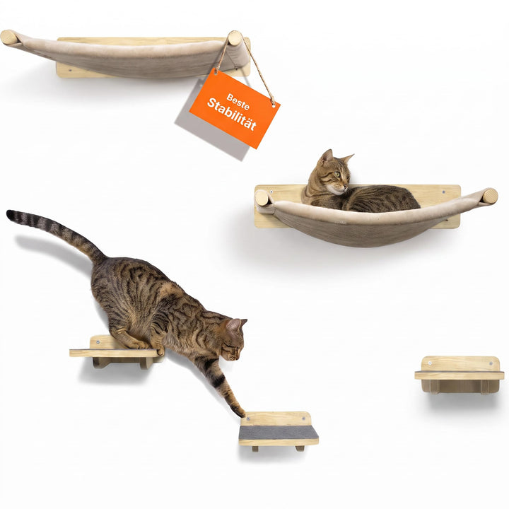 WOOWOOD® 2X Kletterwand Katzen - 2X Katzentreppe Wand [Vollholz] - Kratzbaum Wand - Hängematte Katze