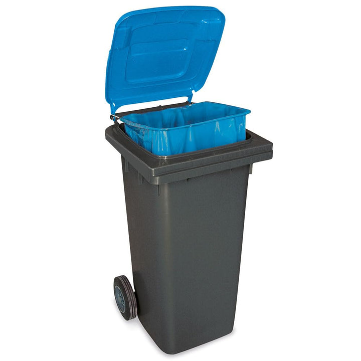 BRB 120 Liter Mülltonne grau/Deckel blau, mit Halter für Müllsäcke, blau