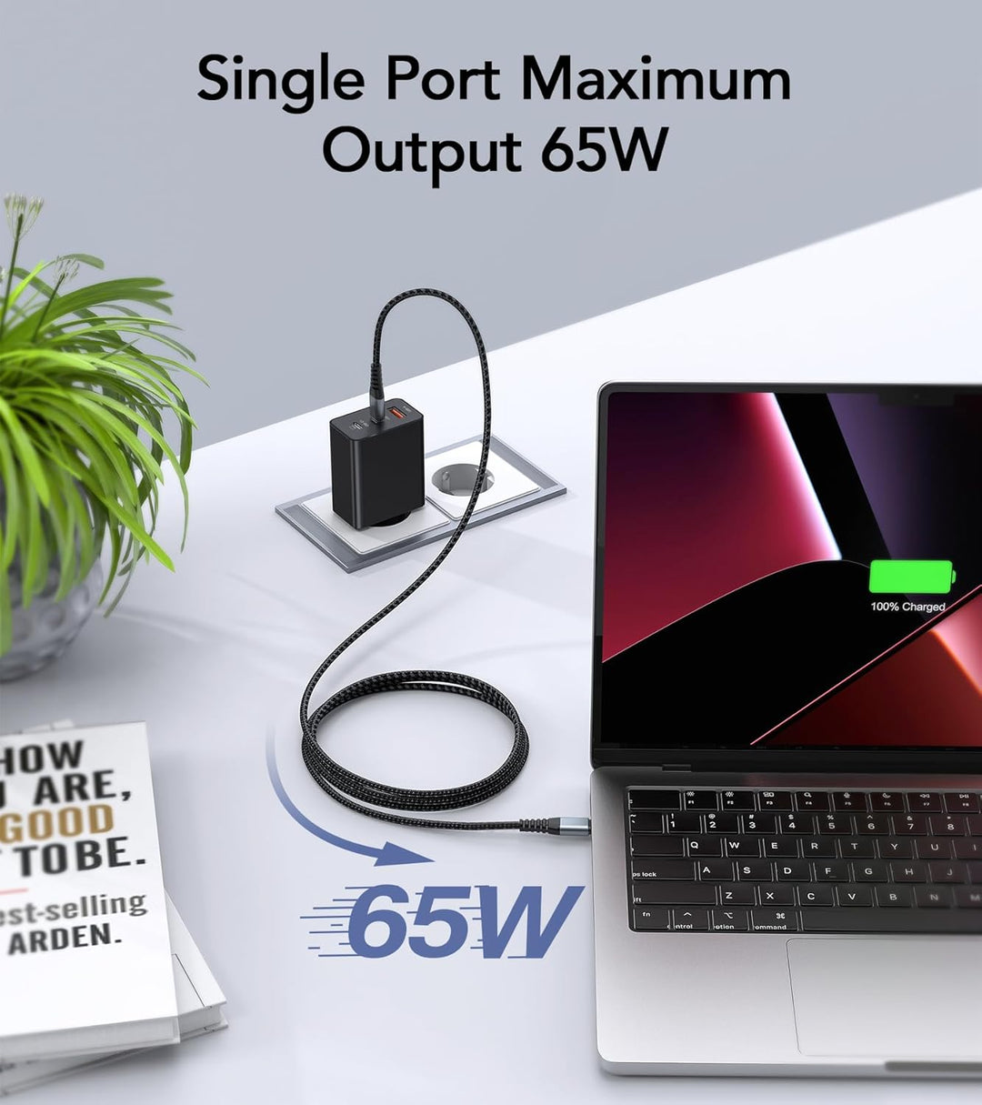 65W USB C Ladegerät, 3Port Schnellladegerät mit 2M Typ C Ladekabel geflochtenem USB C Netzteil für T