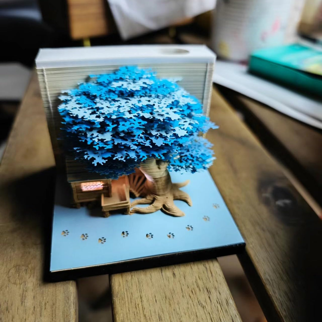 MEICHI 3D Notizblock, nicht verklebt, 3D Baumhaus (Blau) Papierkunst mit Anzeigebox glasklar, 9 x 9