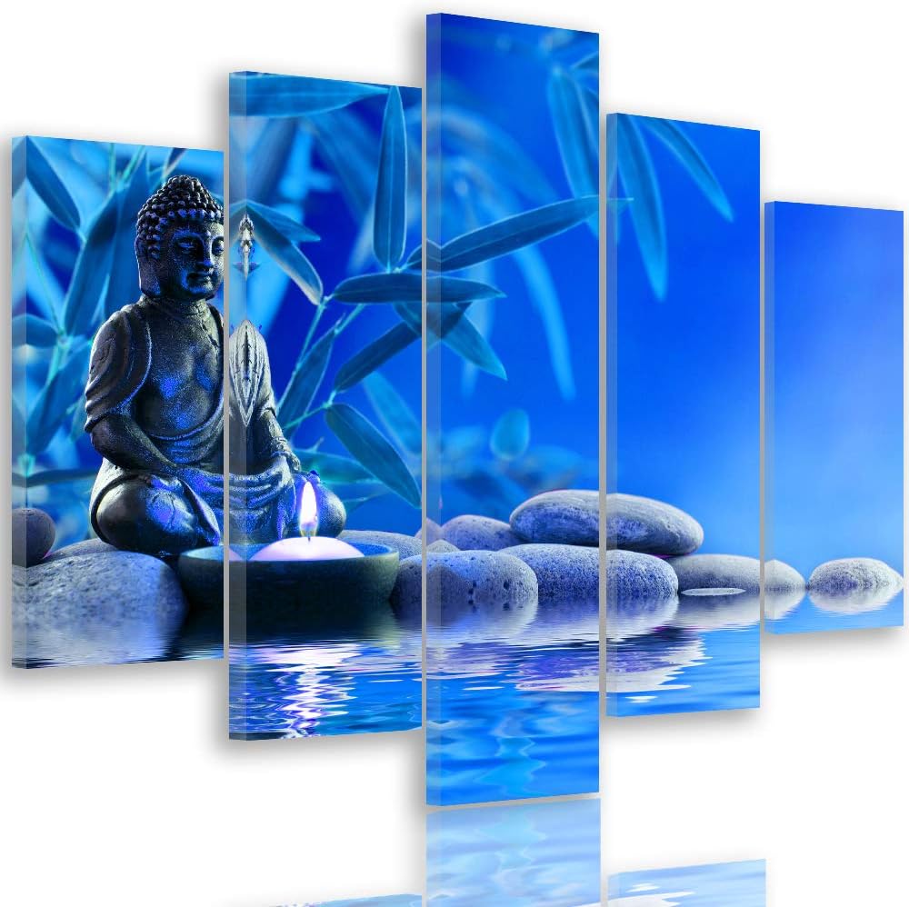 Feeby Leinwandbild Buddha 5 TLG Bild Kunstdruck Wasser Steine Blätter blau 100x70 cm Leinwandbild 10