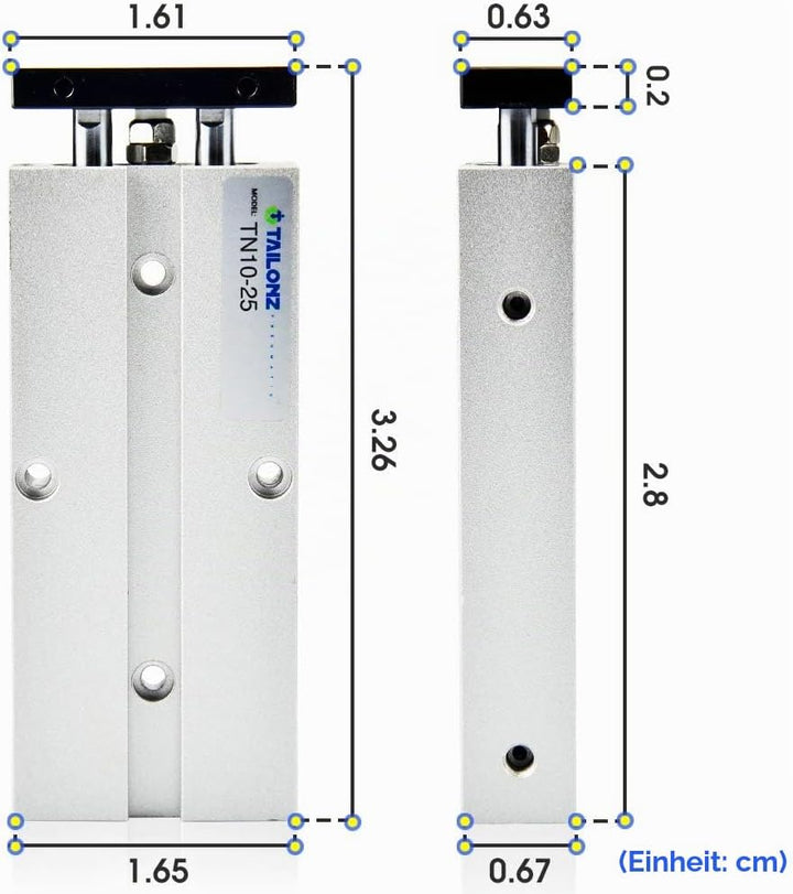 TAILONZ PNEUMATIC 10mm Bohrung 25mm Hub Doppelstange Doppeltwirkend Aluminium Druckluftzylinder TN10