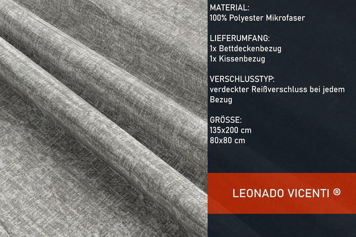 Leonado Vicenti 2tlg. Bettwäsche Microfaser Set 135x200 Silber Grau Meliertes Einfarbig Bettbezug Ki