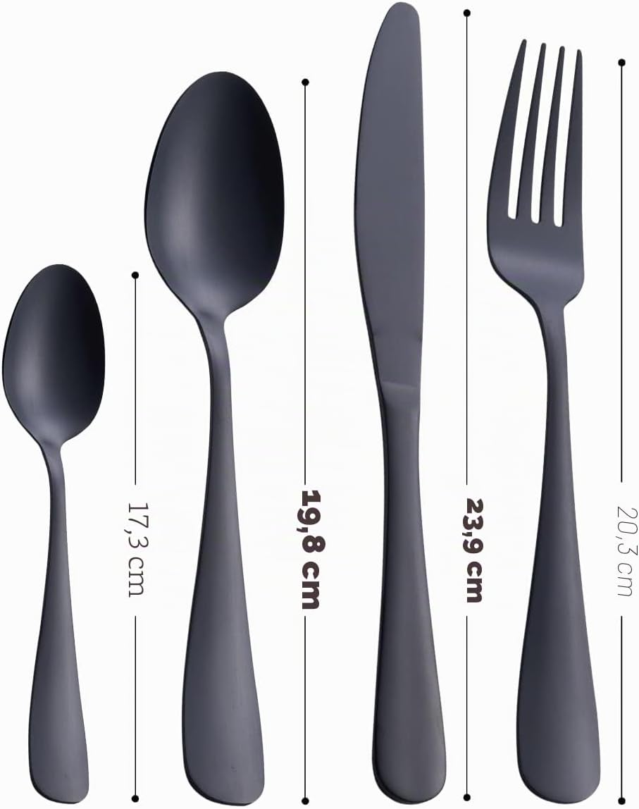GoGeiLi Matt Schwarz Besteckset, 24-teilig Edelstahl Besteck-Set in Satin-Finish, Service für 6 Pers