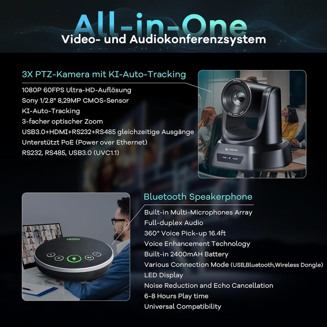 TONGVEO Konferenzraum-Kamera-System mit Bluetooth-Mikrofon, 3X 1080P 60fps USB PTZ Video-Kamera-Kit