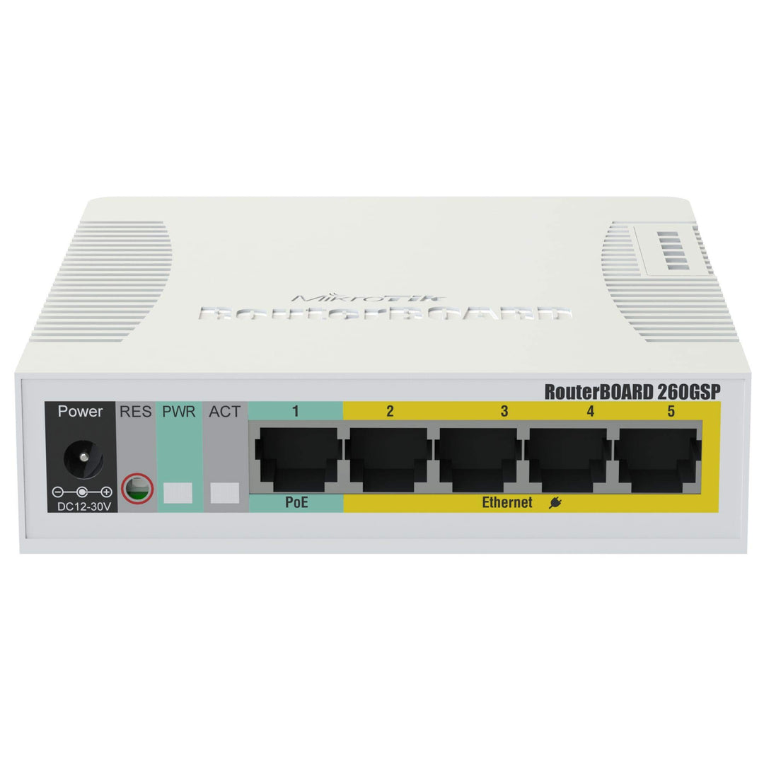 MikroTik RouterBOARD RB260GSP, 5-Port Gigabit Smart Switch mit SFP-Käfig, SWoS, Netzteil, POE-OUT