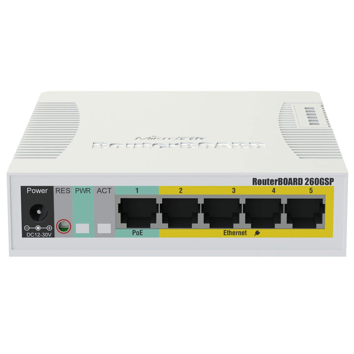 MikroTik RouterBOARD RB260GSP, 5-Port Gigabit Smart Switch mit SFP-Käfig, SWoS, Netzteil, POE-OUT
