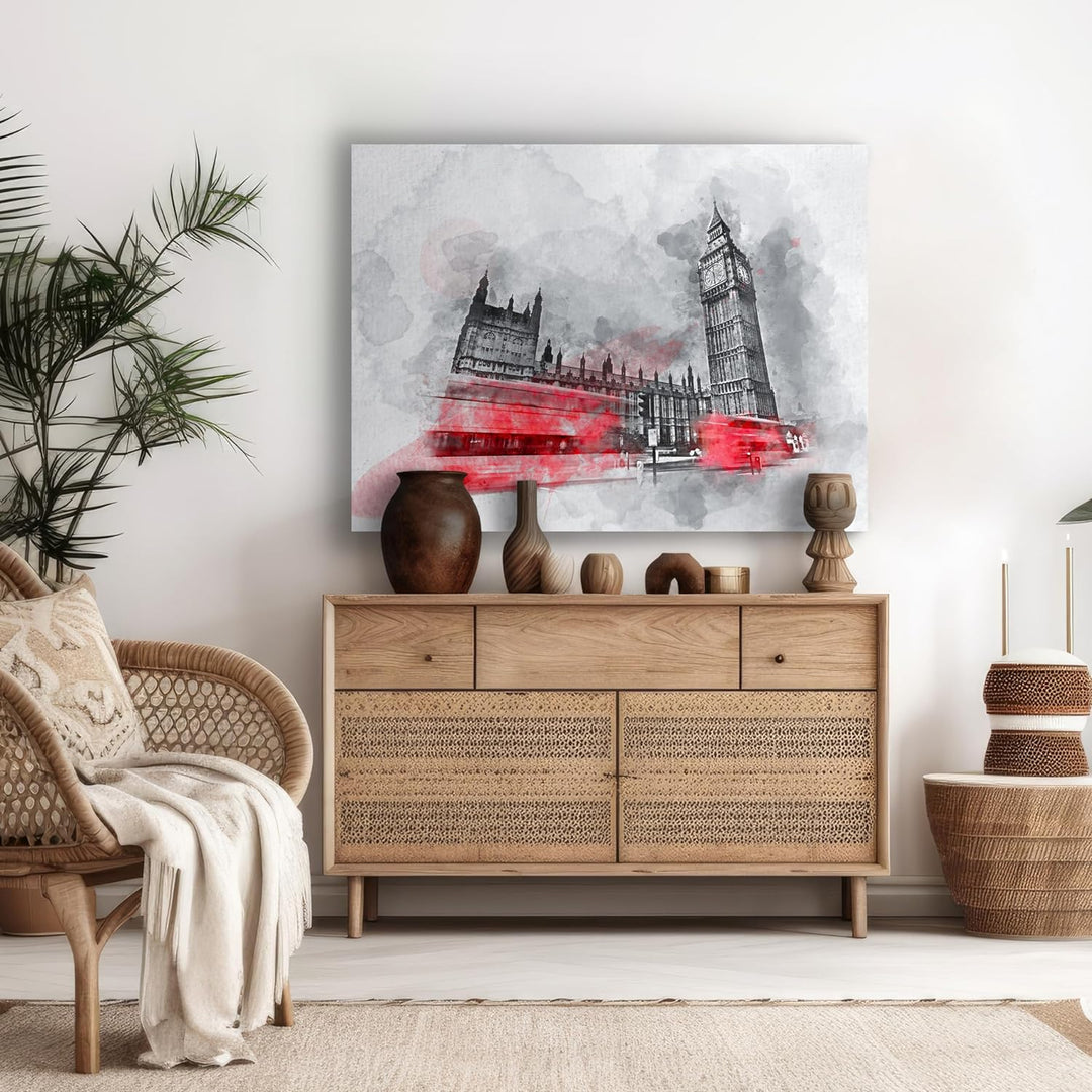 wandmotiv24 Leinwandbild Malerei, 60x45cm, Querformat, Aquarell, London, Deko, Bilder auf Leinwand,