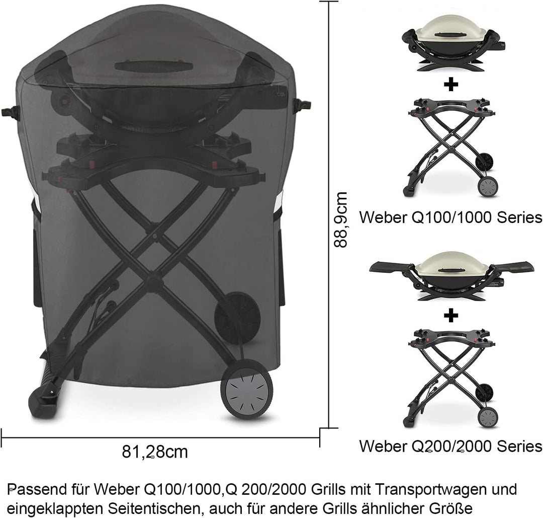 Grillabdeckung für Weber Q 1000/2000 Serie mit tragbarem Wagen, 600D Oxford BBQ Grill Abdeckung Wass
