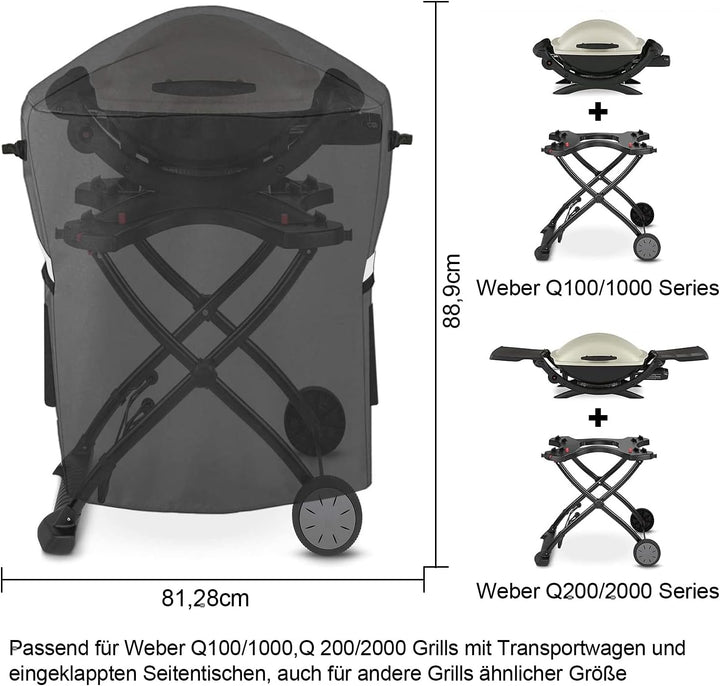 Grillabdeckung für Weber Q 1000/2000 Serie mit tragbarem Wagen, 600D Oxford BBQ Grill Abdeckung Wass