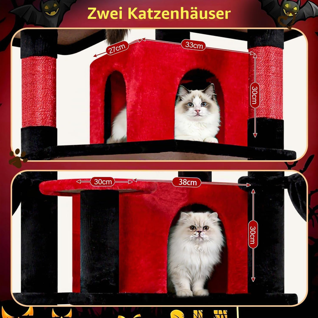 Globlazer Kratzbaum Schwarz Rot Stabil 174 cm mit 3 Gepolsterte Sitzstangen, 2 Katzenhaus, 2 Korb, A
