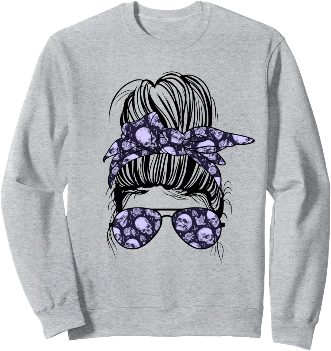 Messy Bun Totenkopf mit Blumen Print Sonnenbrille Goth Frauen Sweatshirt