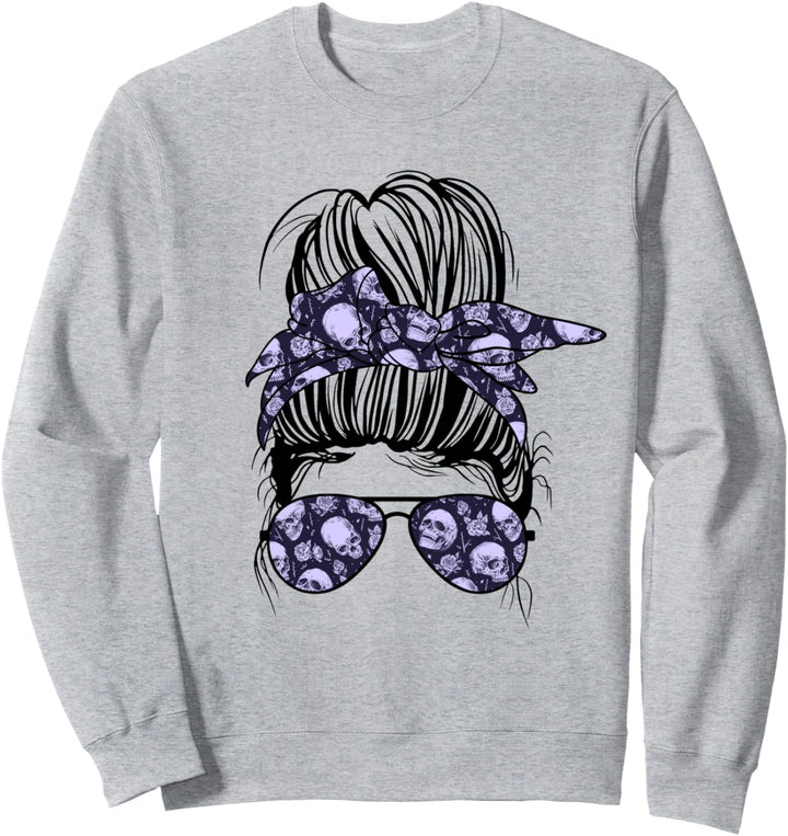 Messy Bun Totenkopf mit Blumen Print Sonnenbrille Goth Frauen Sweatshirt