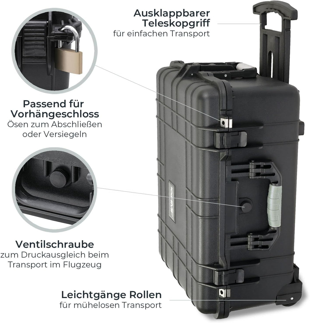 HMF Outdoor-Trolley, ODK400, Fotokoffer mit Rasterschaumstoff | 58,5 x 45 x 27,5 cm | Schwarz 58.5 x