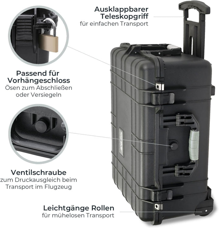 HMF Outdoor-Trolley, ODK400, Fotokoffer mit Rasterschaumstoff | 58,5 x 45 x 27,5 cm | Schwarz 58.5 x