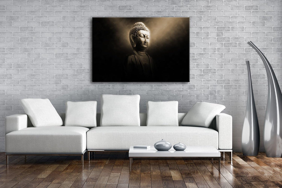 deyoli Dark Buddha Statur Format: 80x60 Effekt: Sepia als Leinwand, Motiv fertig gerahmt auf Echthol